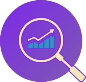 decoration of an magnify glass with a business chart indicating up. We use the to represent growth of an estate agency's brand by using SEO.